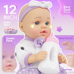 12-Inch Baby Doll - Washable Bassinet, Bottle, Blanket & Pillow