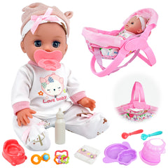 14-Inch Baby Doll with Bassinet, Washable Clothes & Feeding Sets
