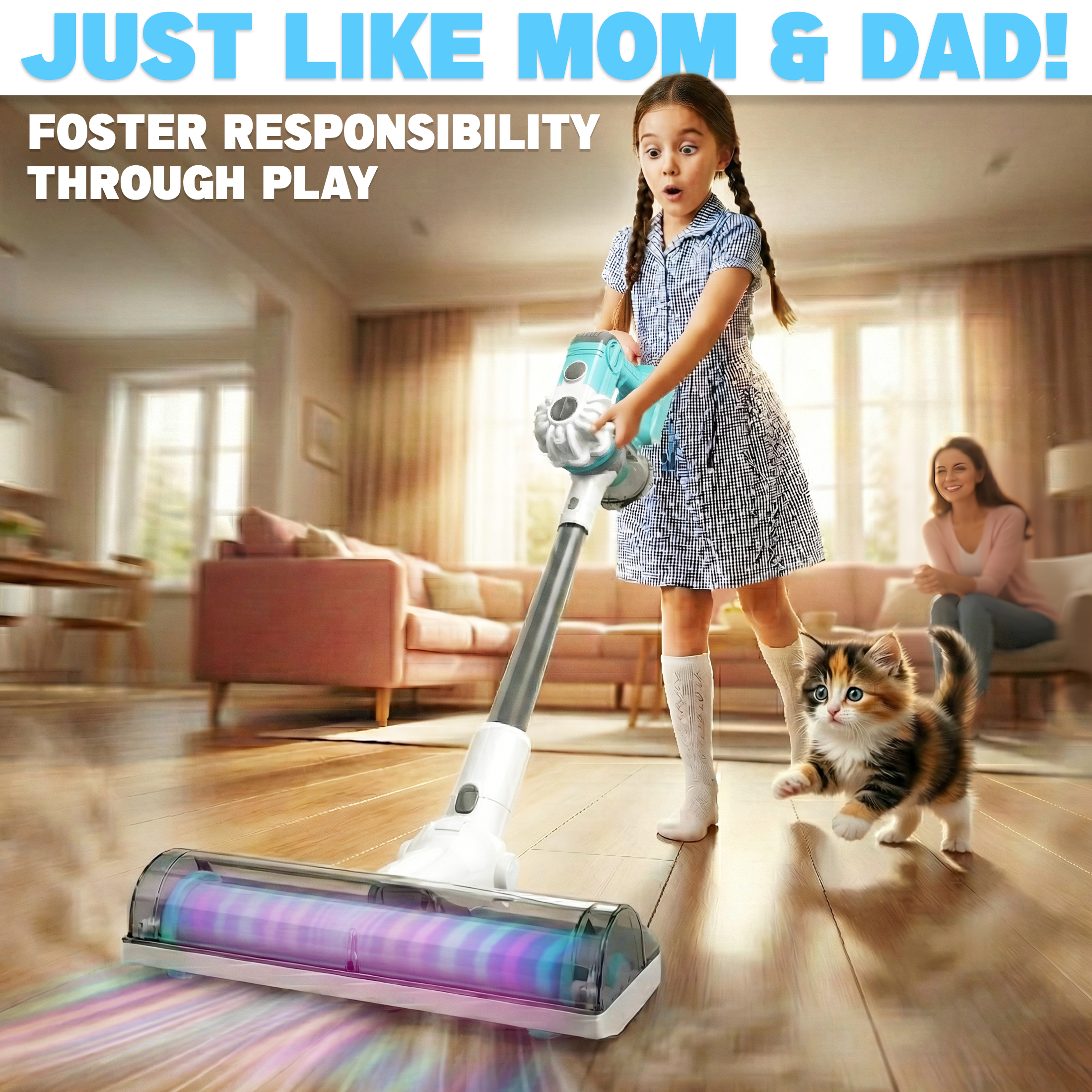 3-in-1 Toy Vacuum - Real Suction, Apron, Cleaning Cloth, Duster & Beads