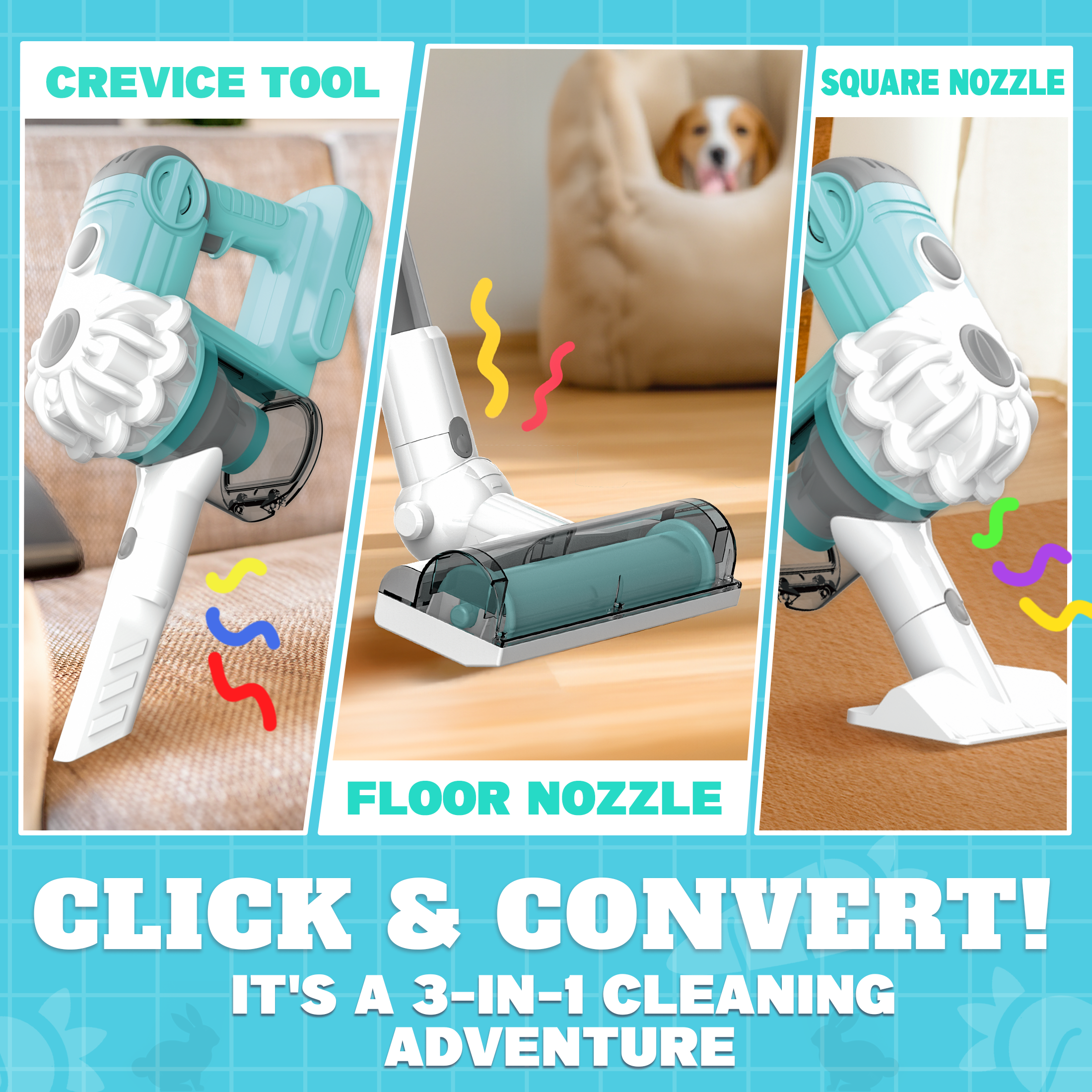 3-in-1 Toy Vacuum - Real Suction, Apron, Cleaning Cloth, Duster & Beads