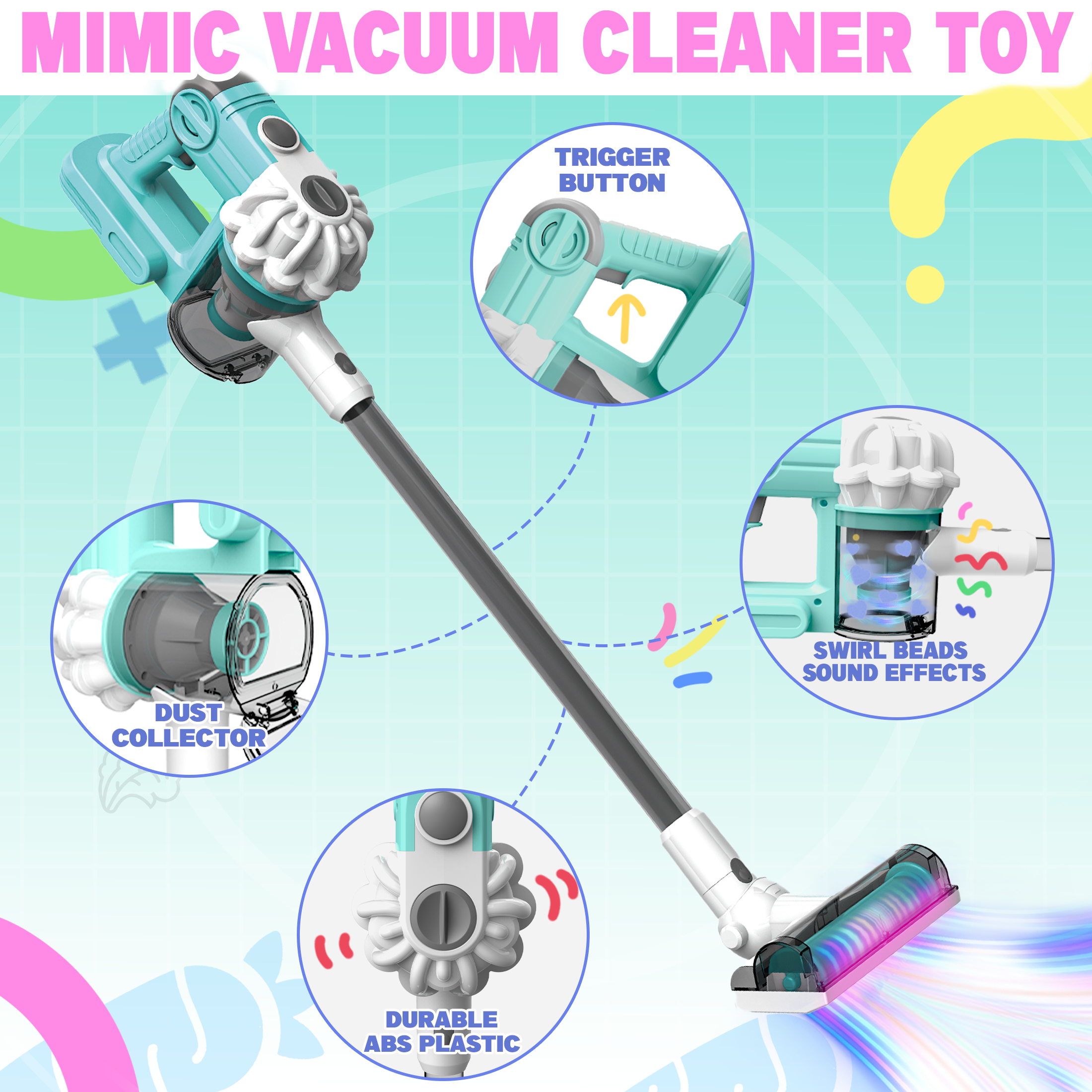 3-in-1 Toy Vacuum - Real Suction, Apron, Cleaning Cloth, Duster & Beads