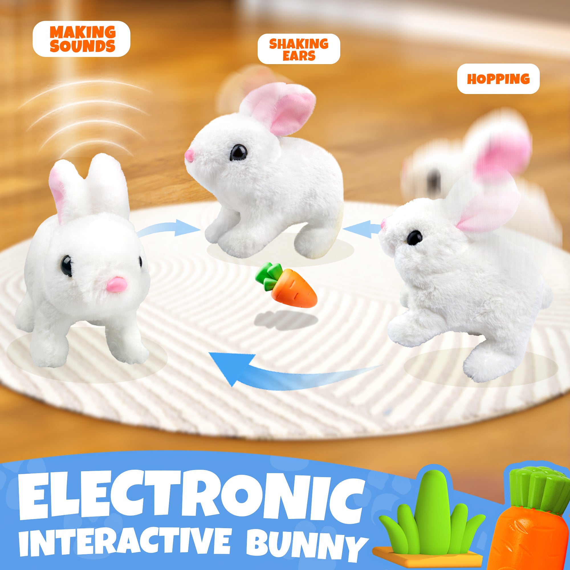 Jumping Rabbit Toys with Wiggle Ears & Nose, Storage Cage and Accessories