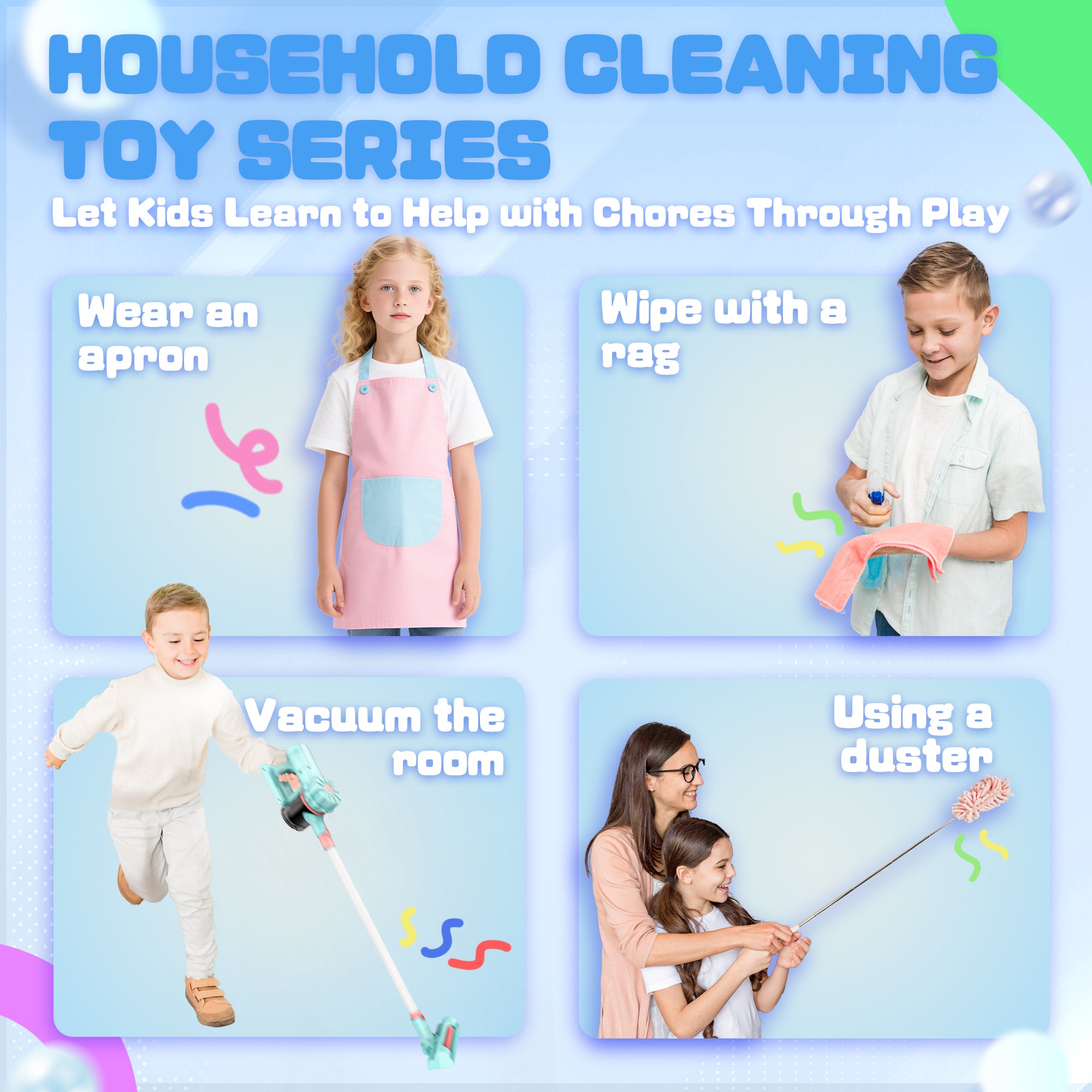 Kids Toy Vacuum with Real Suction, Includes 5-Piece Cleaning Set