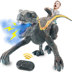 RC Dinosaur Toy - Velociraptor with 3D Eyes, Shaking Head, Light & Sounds