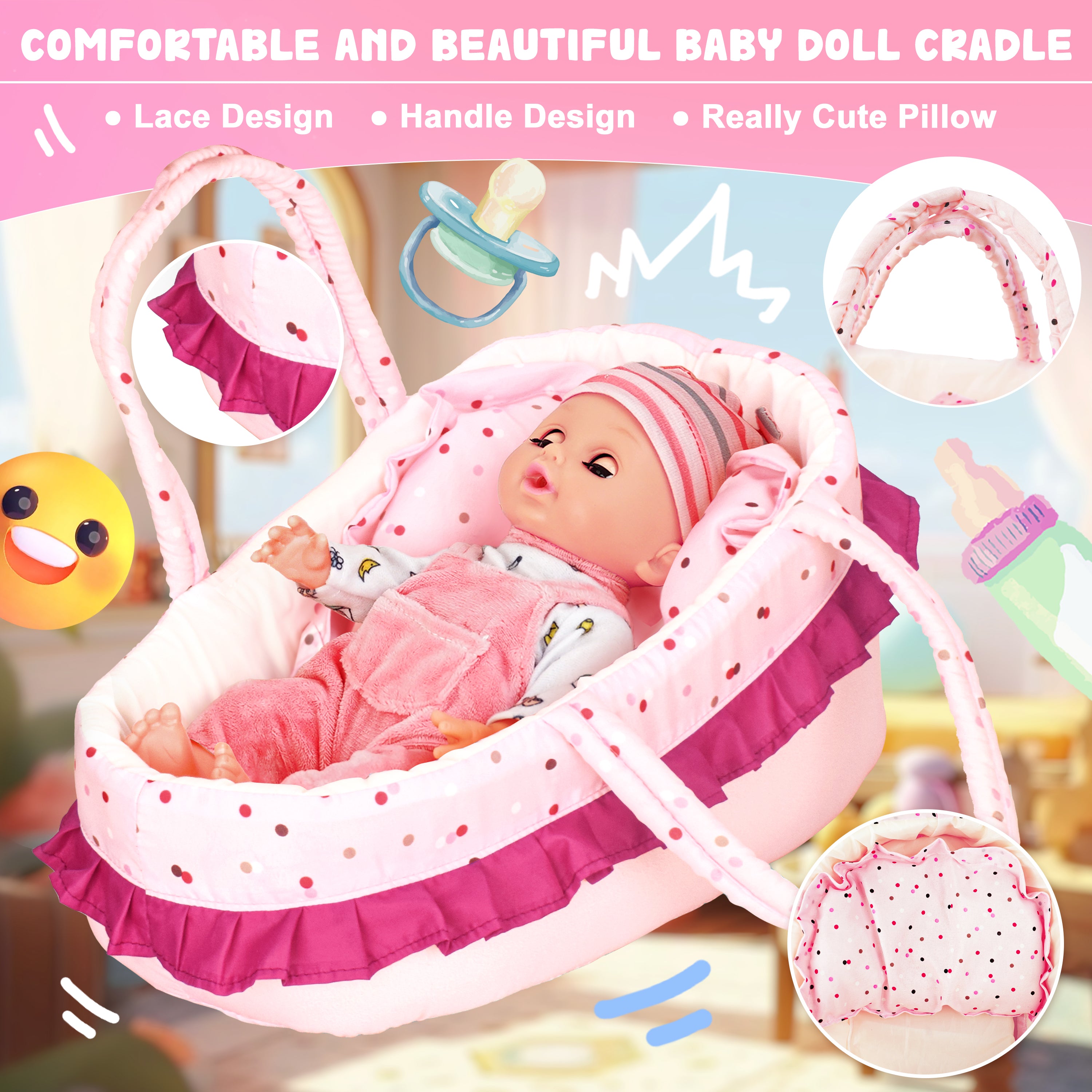 14-Inch Baby Soft Doll with Carrier Bassinet, Feeding Set & Outfits