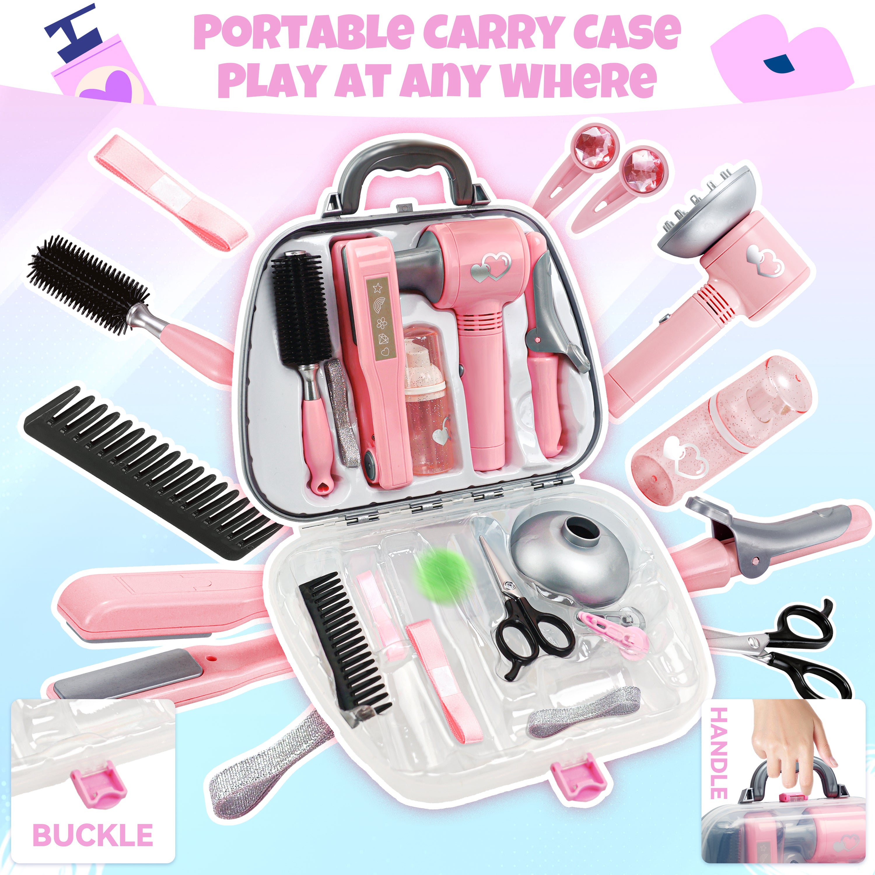 Hair Salon Toy Playset, with Hair Dryer, Scissors, Combs & Gift Box