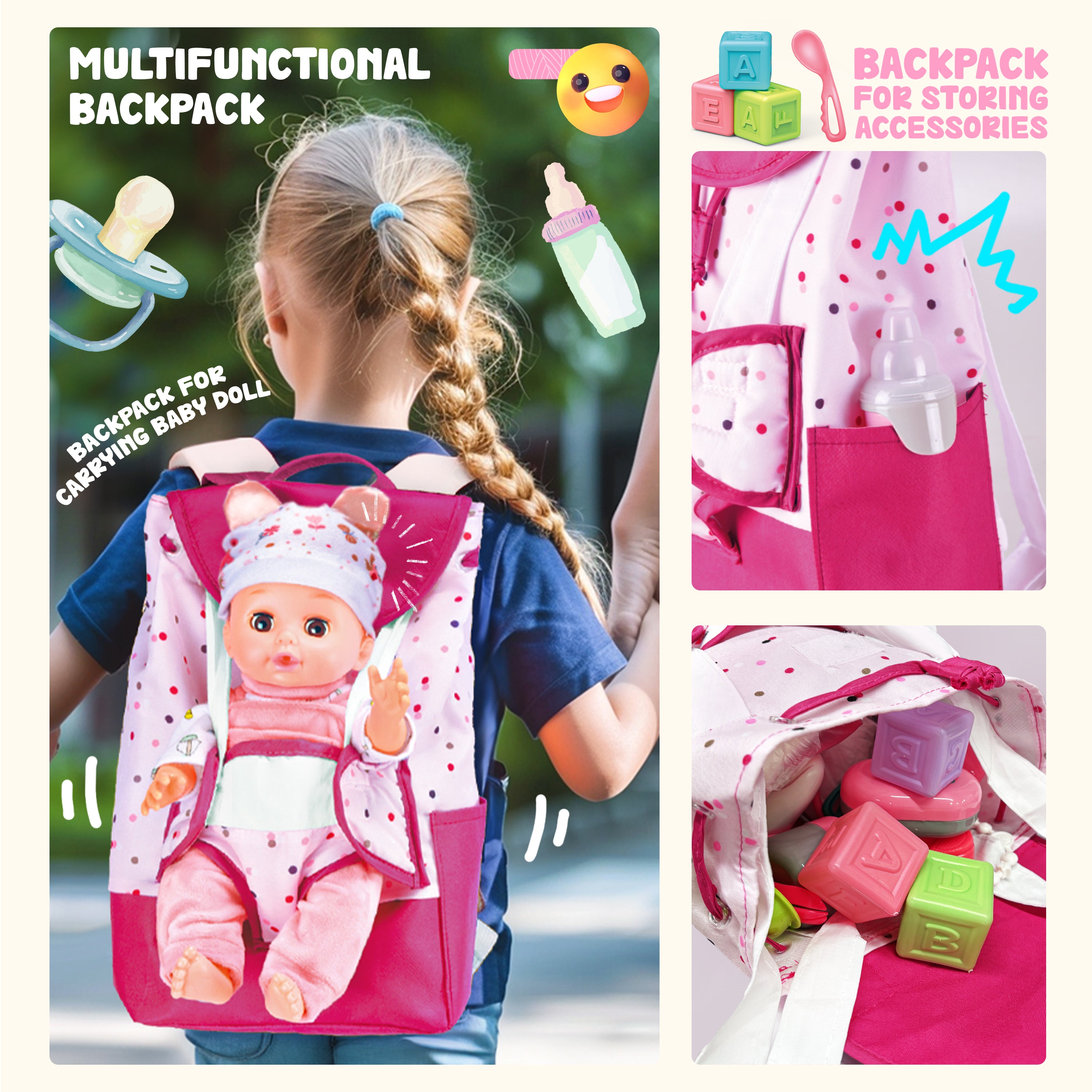14-Inch Baby Doll Care Playset - Includes Baby Backpack & Feeding Set