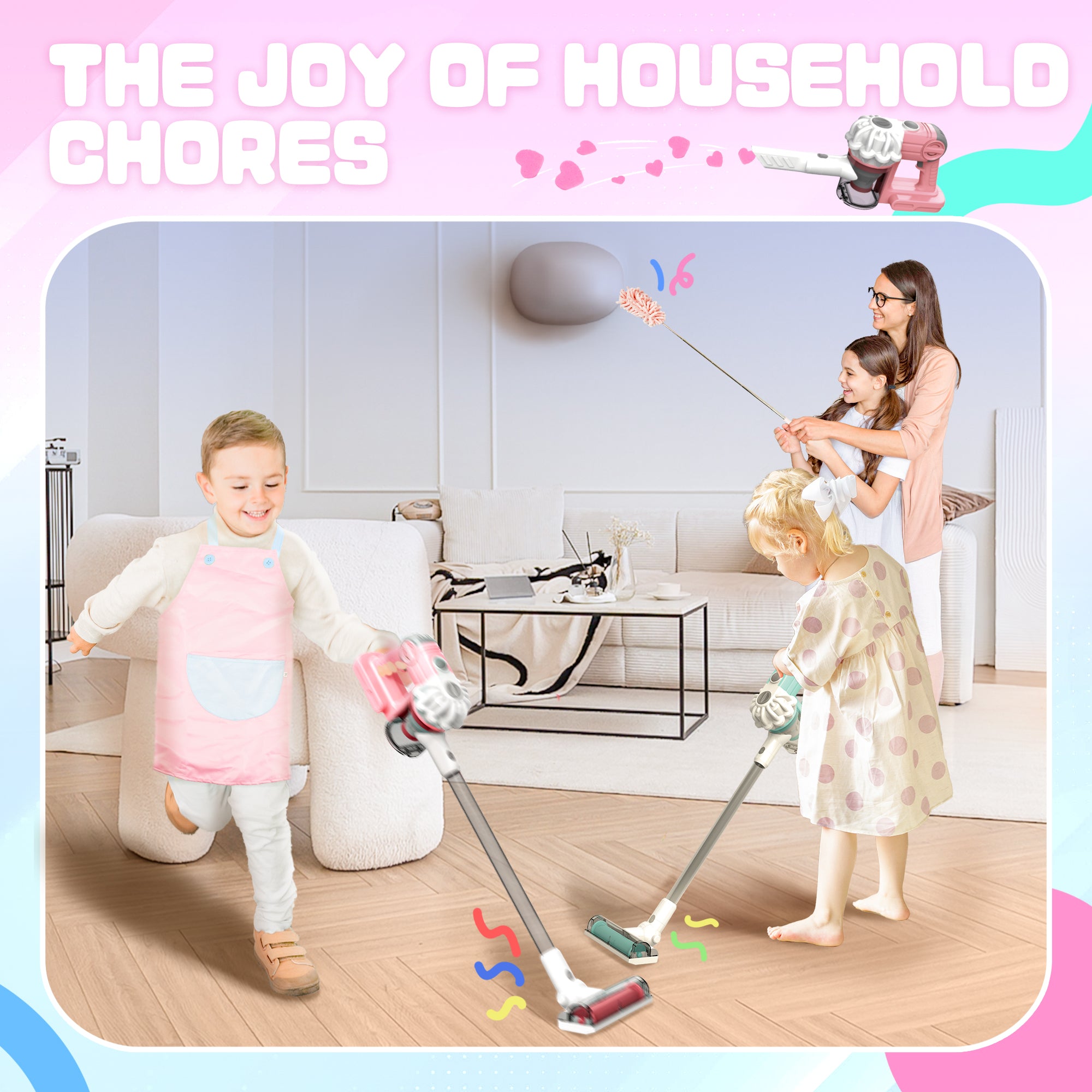 3-in-1 Toy Vacuum - Real Suction, Apron, Cleaning Cloth, Duster & Beads