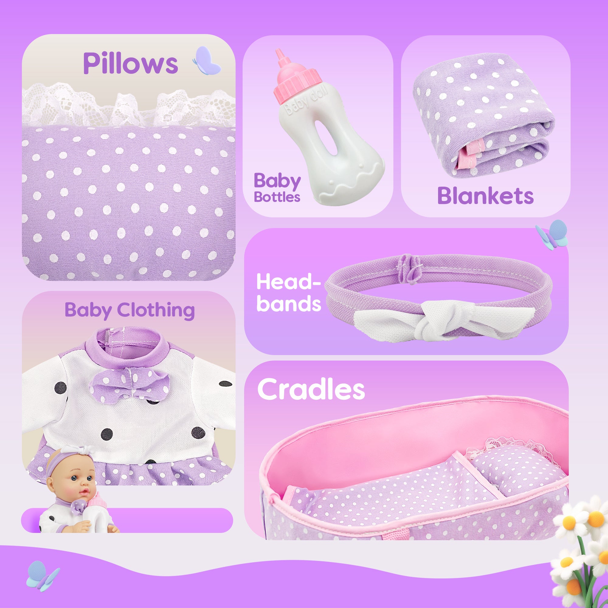 12-Inch Baby Doll - Washable Bassinet, Bottle, Blanket & Pillow