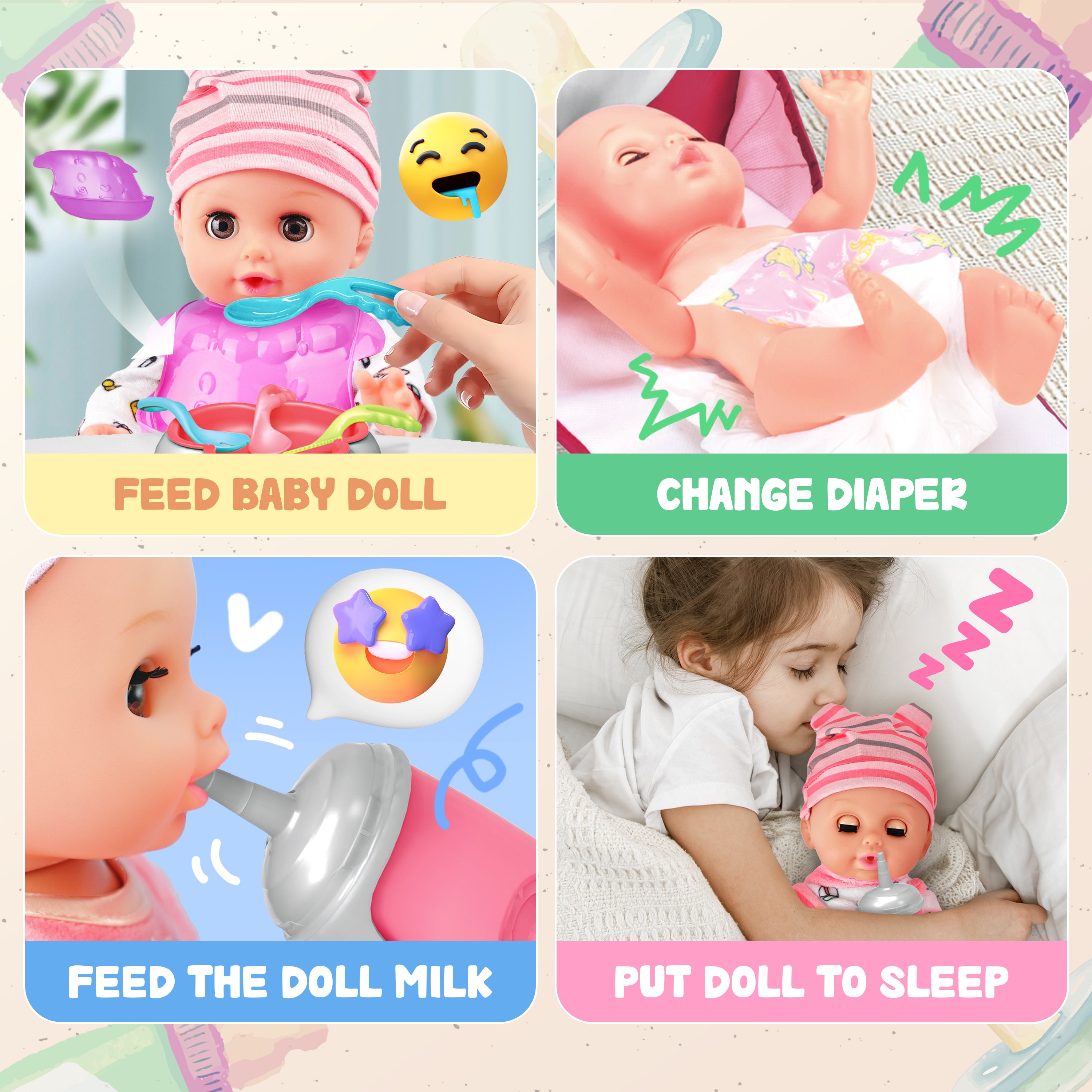 14-Inch Baby Soft Doll with Carrier Bassinet, Feeding Set & Outfits