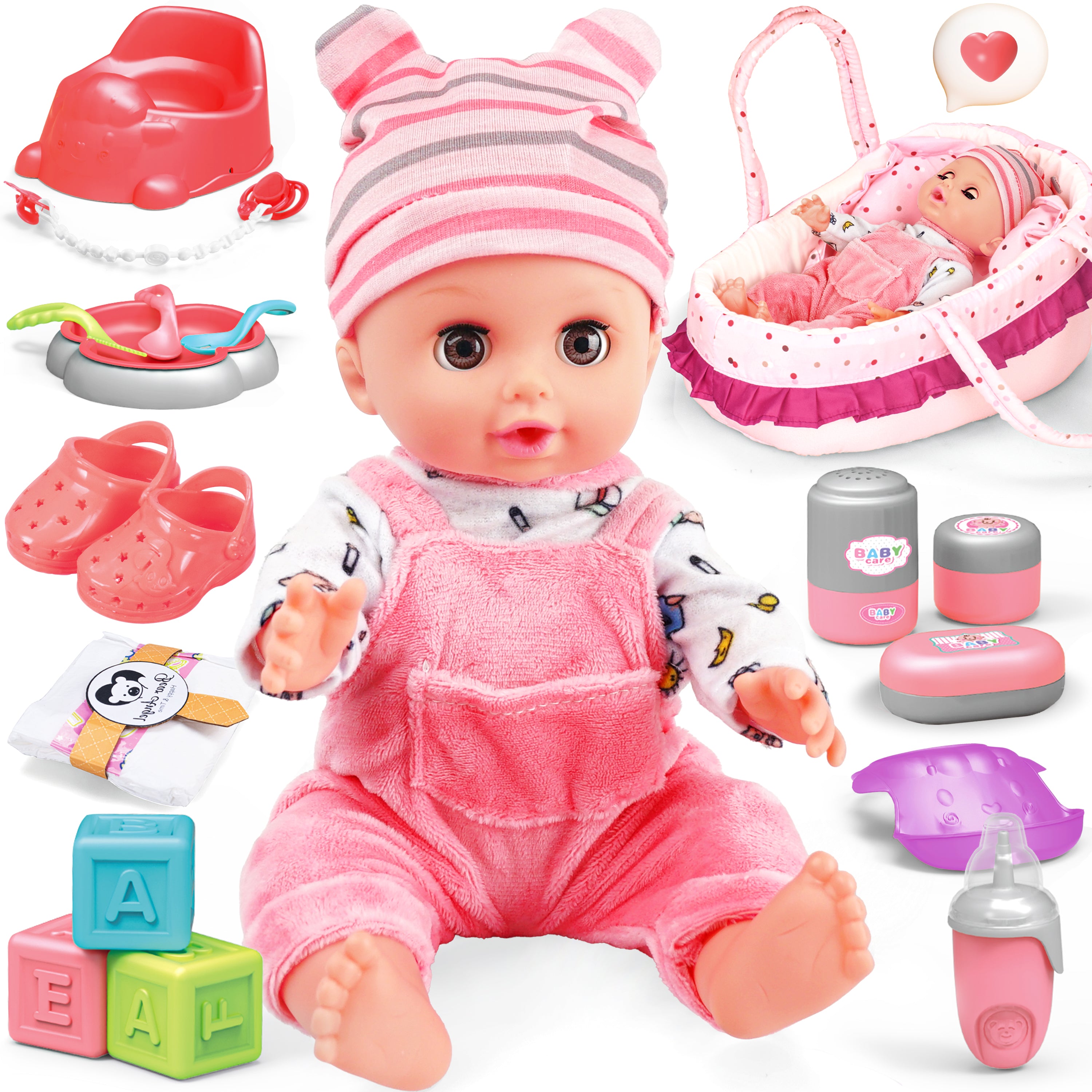 14-Inch Baby Soft Doll with Carrier Bassinet, Feeding Set & Outfits