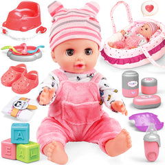 14-Inch Baby Soft Doll with Carrier Bassinet, Feeding Set & Outfits