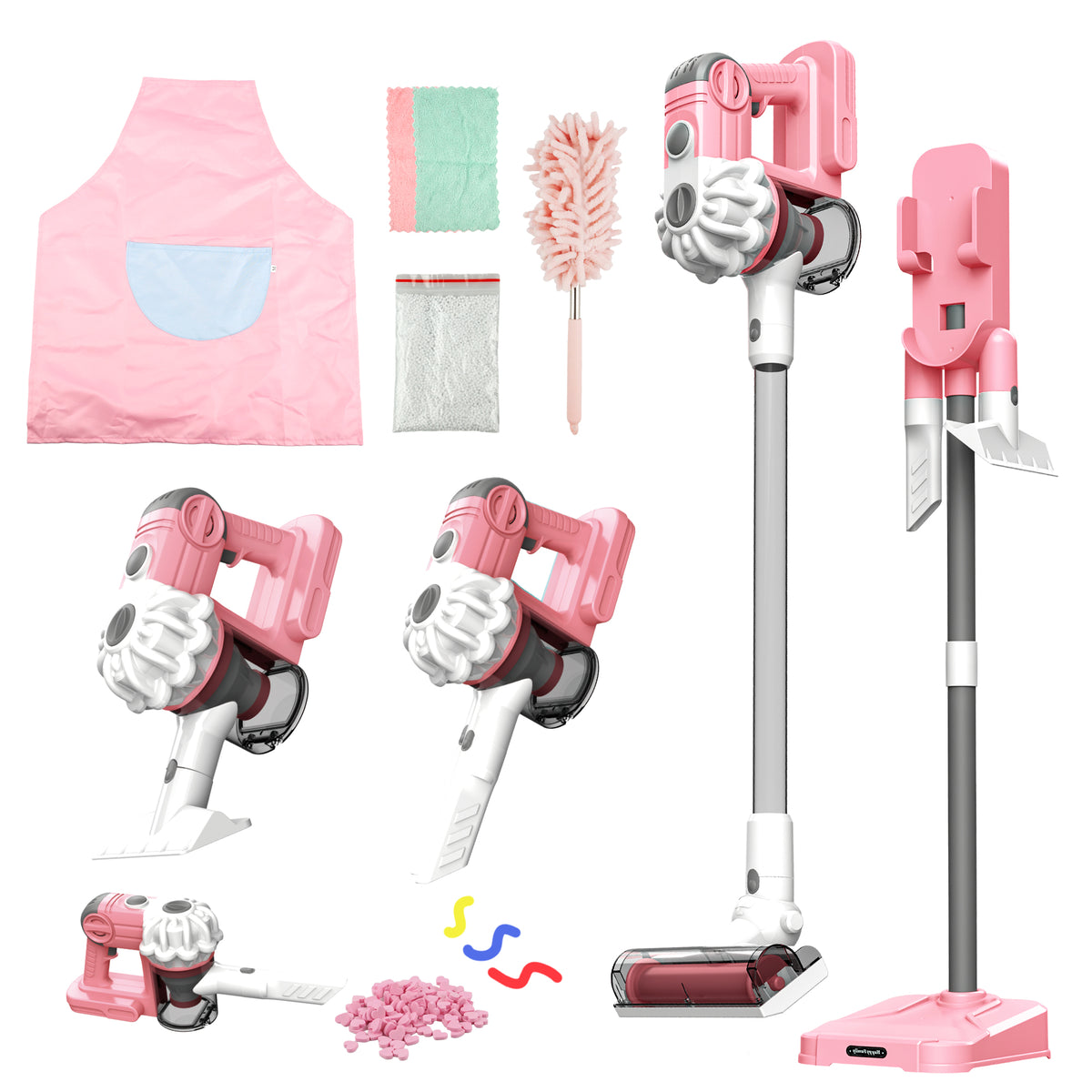 3-in-1 Toy Vacuum - Real Suction, Apron, Cleaning Cloth, Duster & Beads