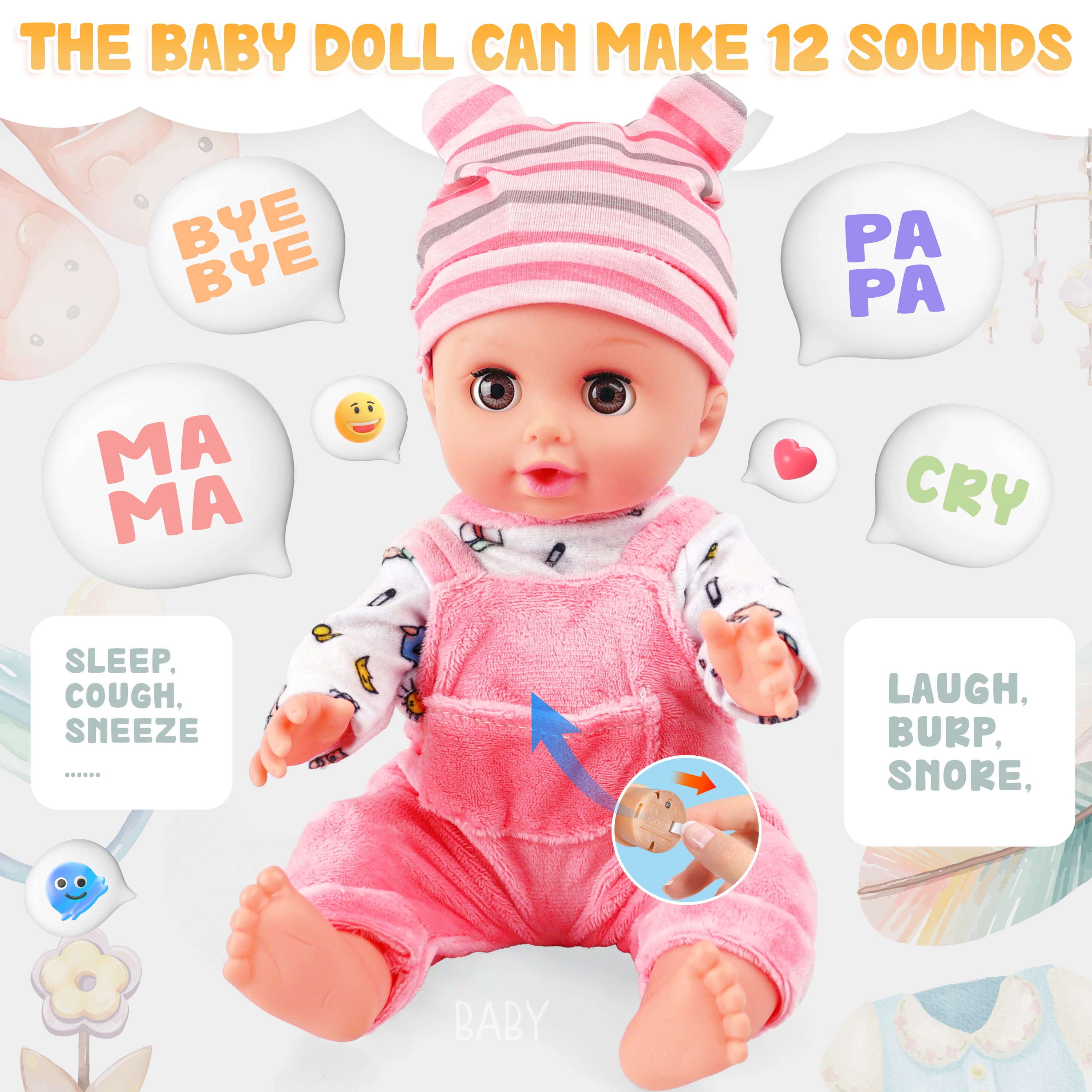 14-Inch Baby Soft Doll with Carrier Bassinet, Feeding Set & Outfits