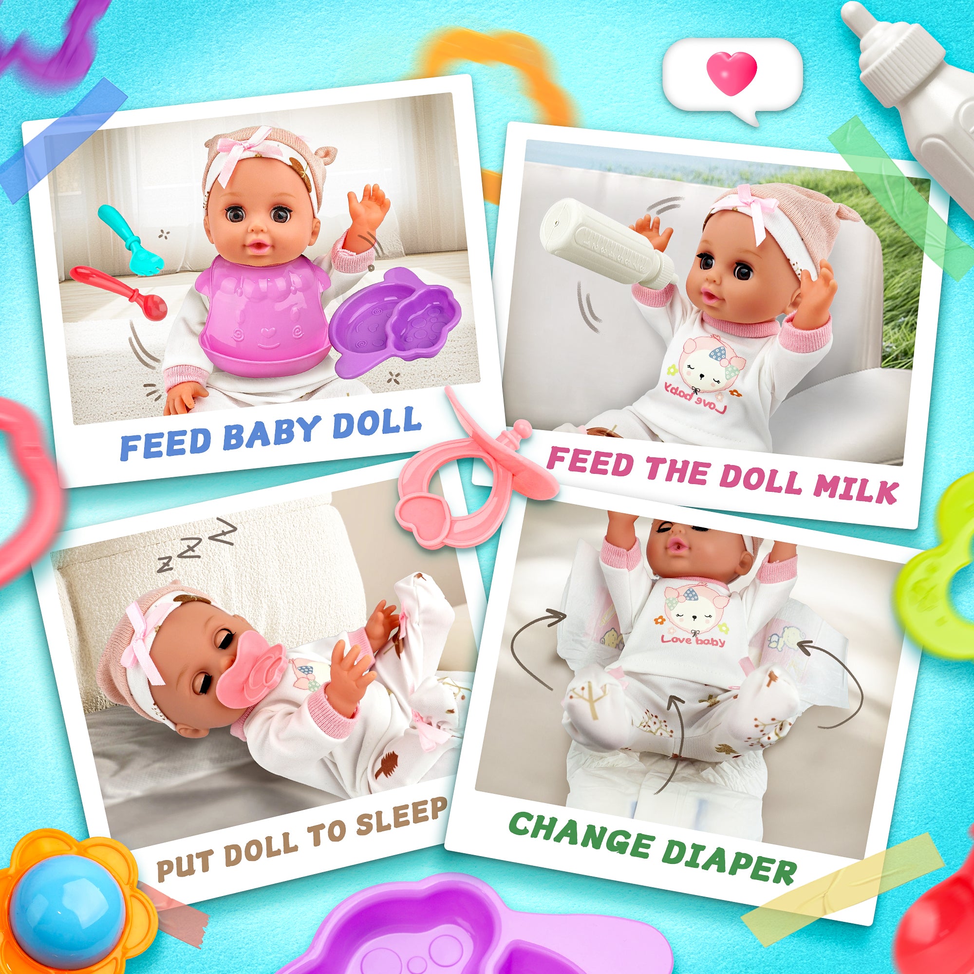 14-Inch Baby Doll with Bassinet, Washable Clothes & Feeding Sets