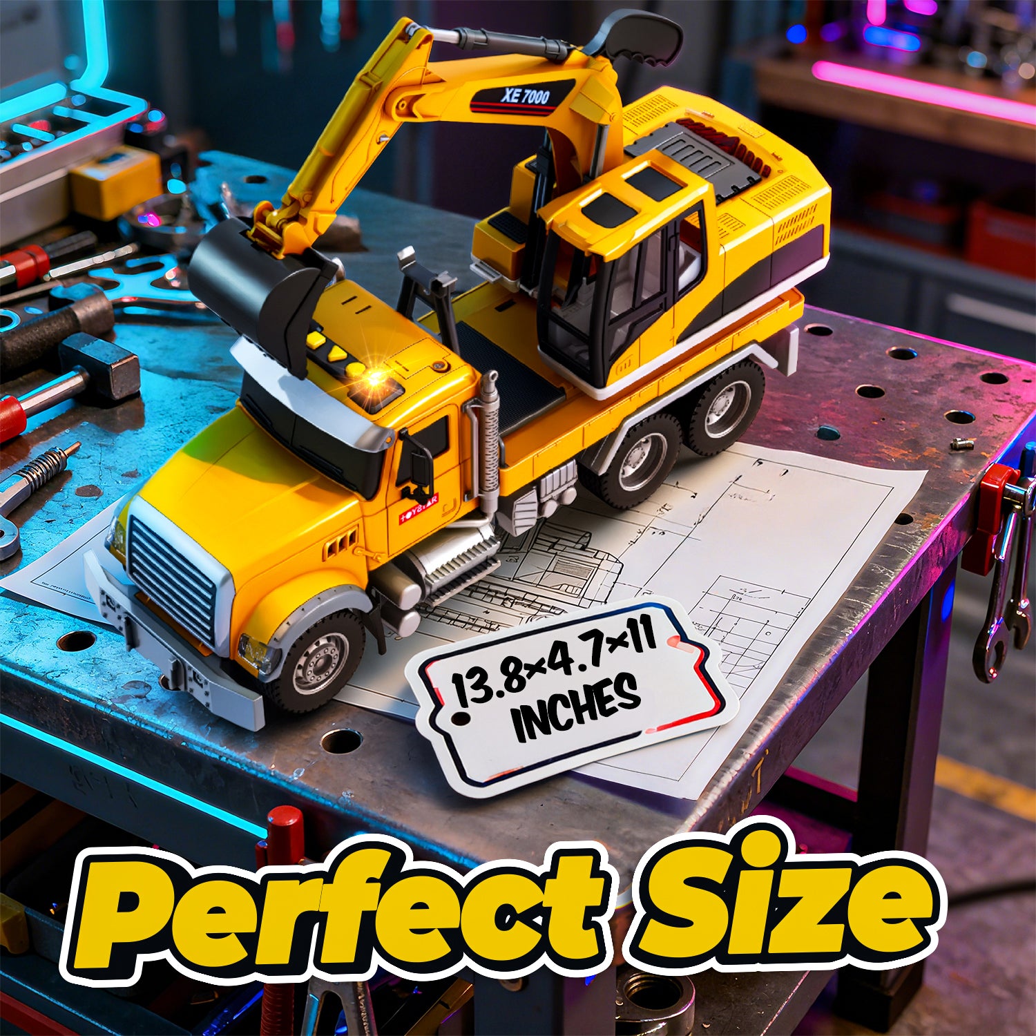 1:12 Large Friction Powered Excavator Truck Toy with Lights & Sounds