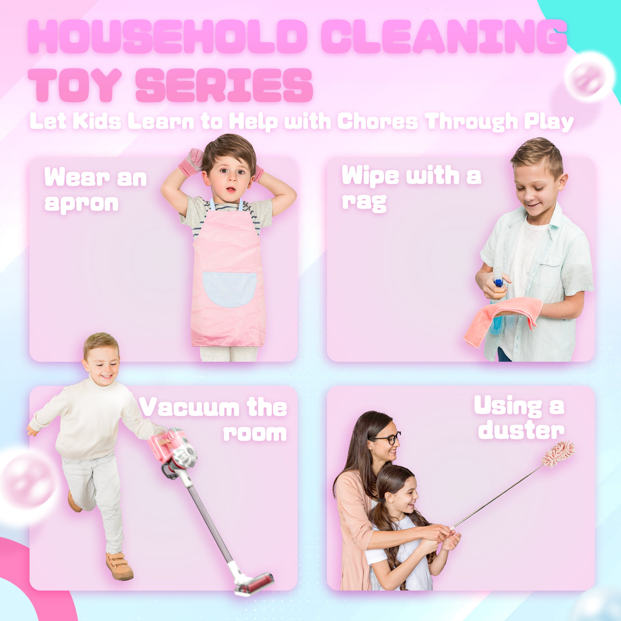 3-in-1 Toy Vacuum - Real Suction, Apron, Cleaning Cloth, Duster & Beads