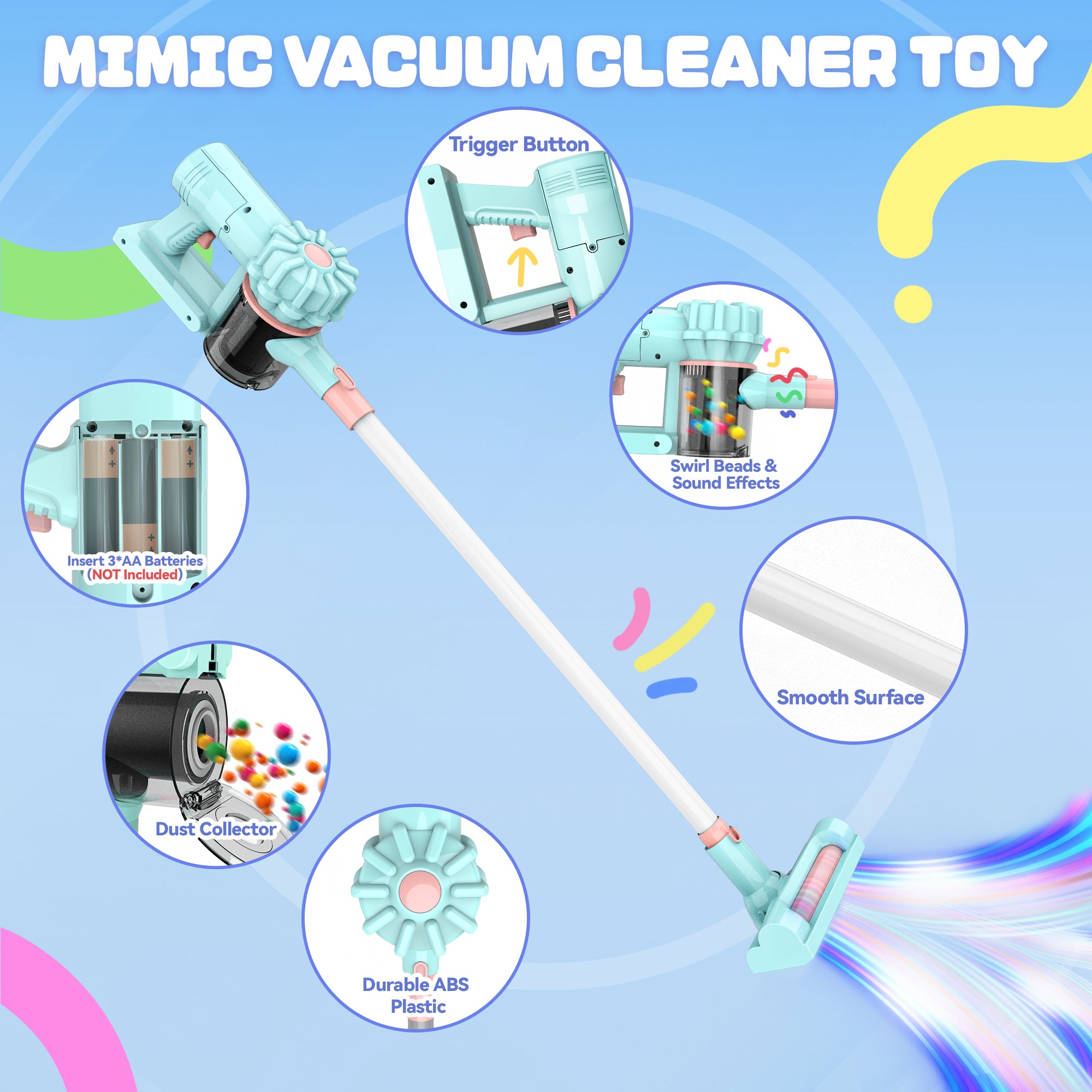 Kids Toy Vacuum with Real Suction, Includes 5-Piece Cleaning Set