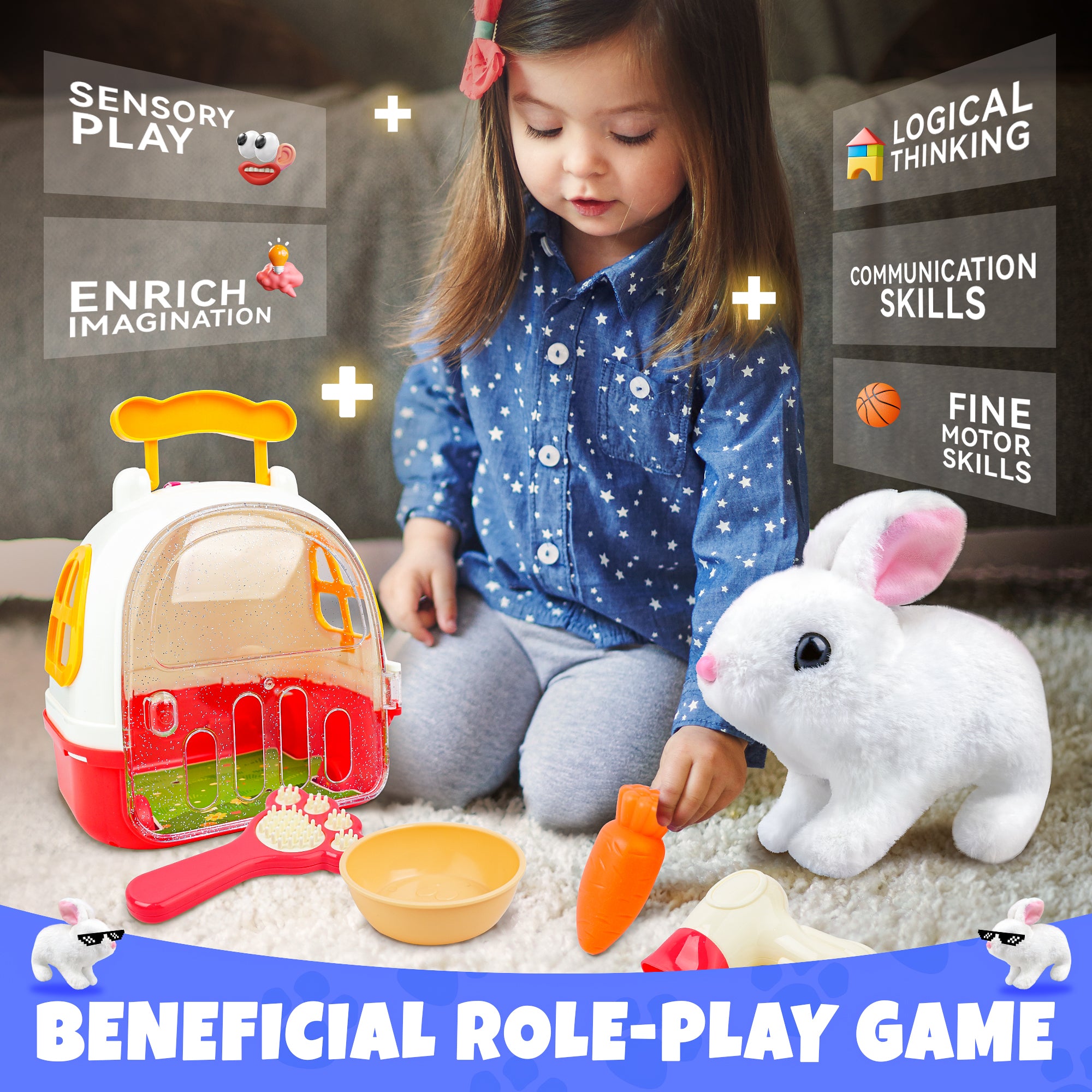 Jumping Rabbit Toys with Wiggle Ears & Nose, Storage Cage and Accessories
