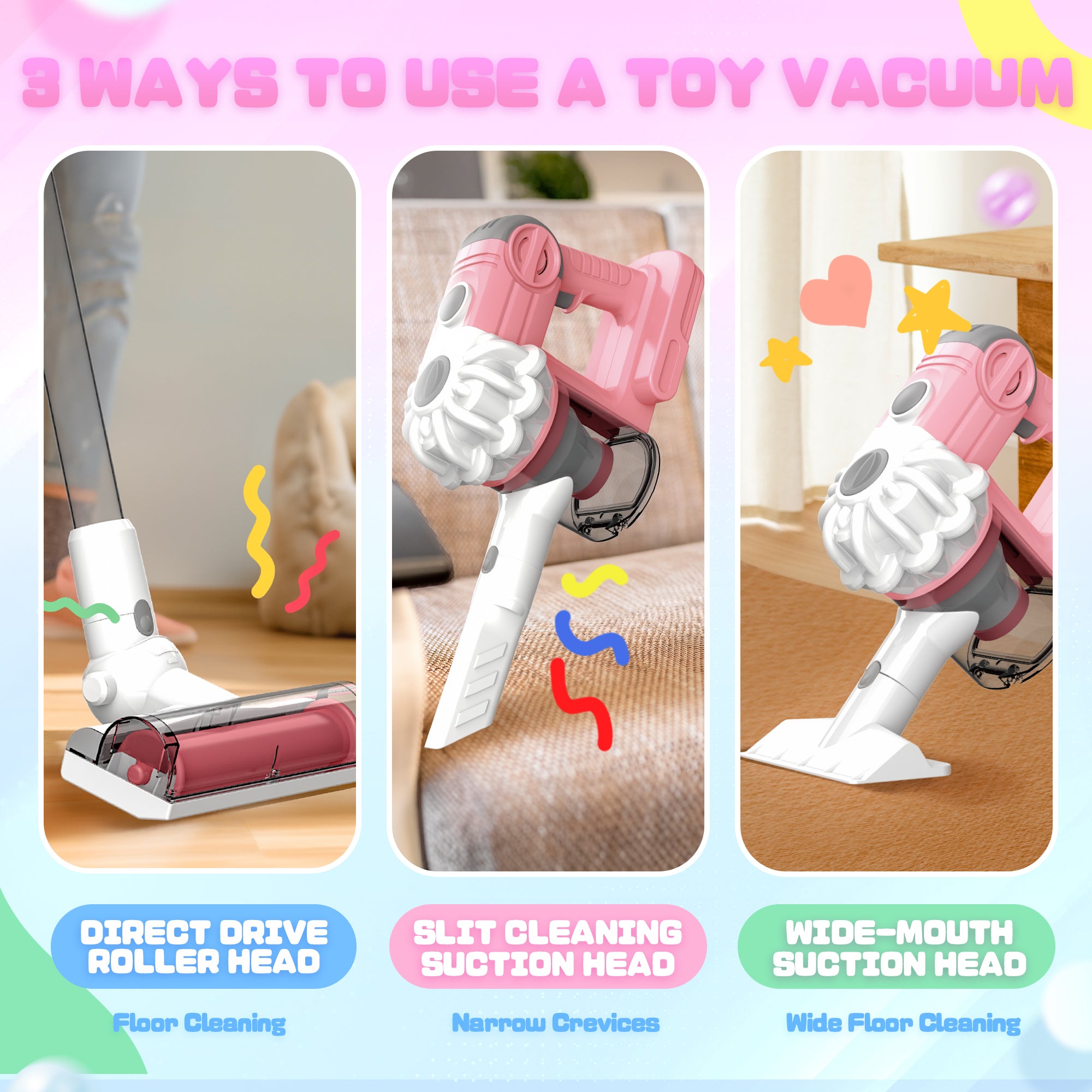 3-in-1 Toy Vacuum - Real Suction, Apron, Cleaning Cloth, Duster & Beads