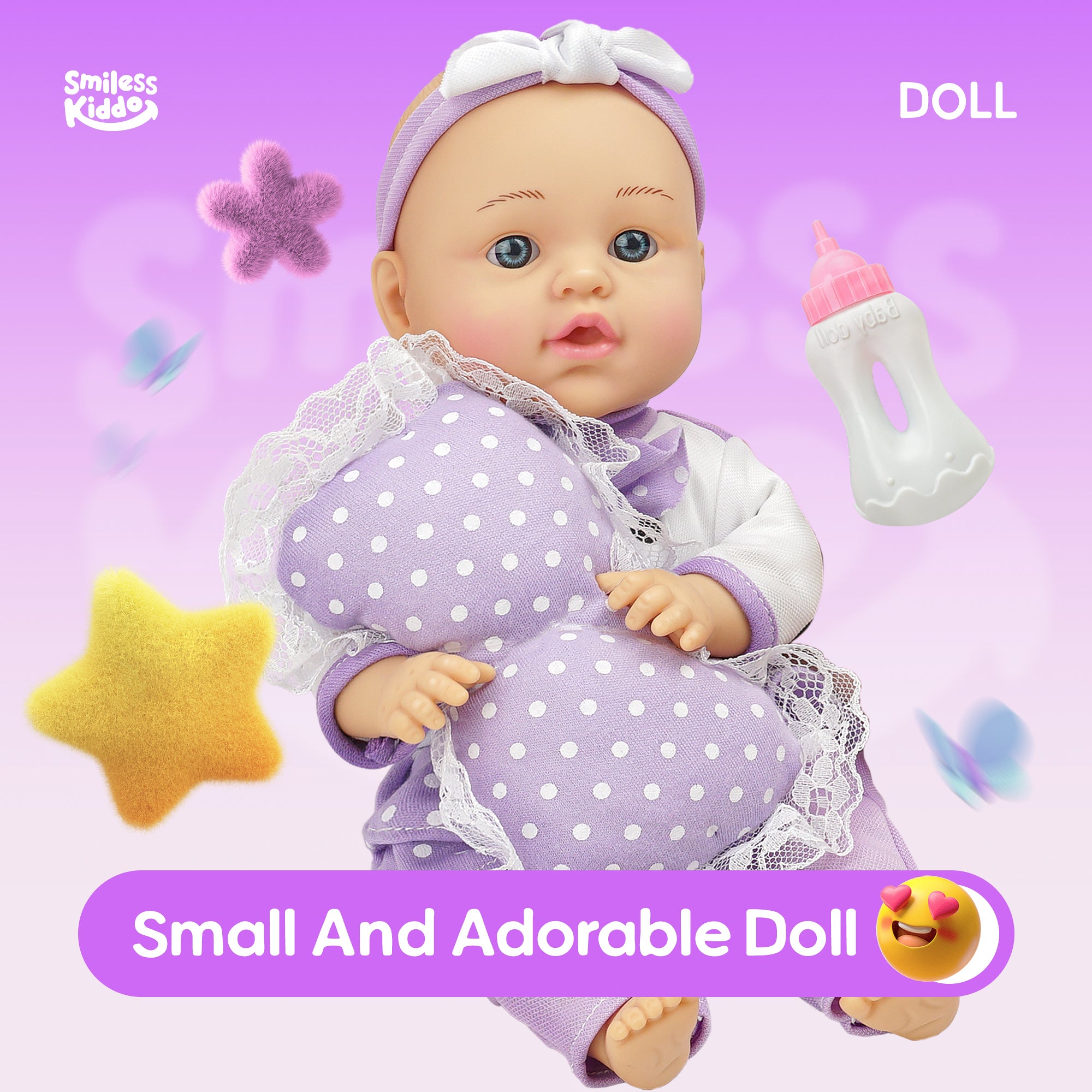 12-Inch Baby Doll - Washable Bassinet, Bottle, Blanket & Pillow