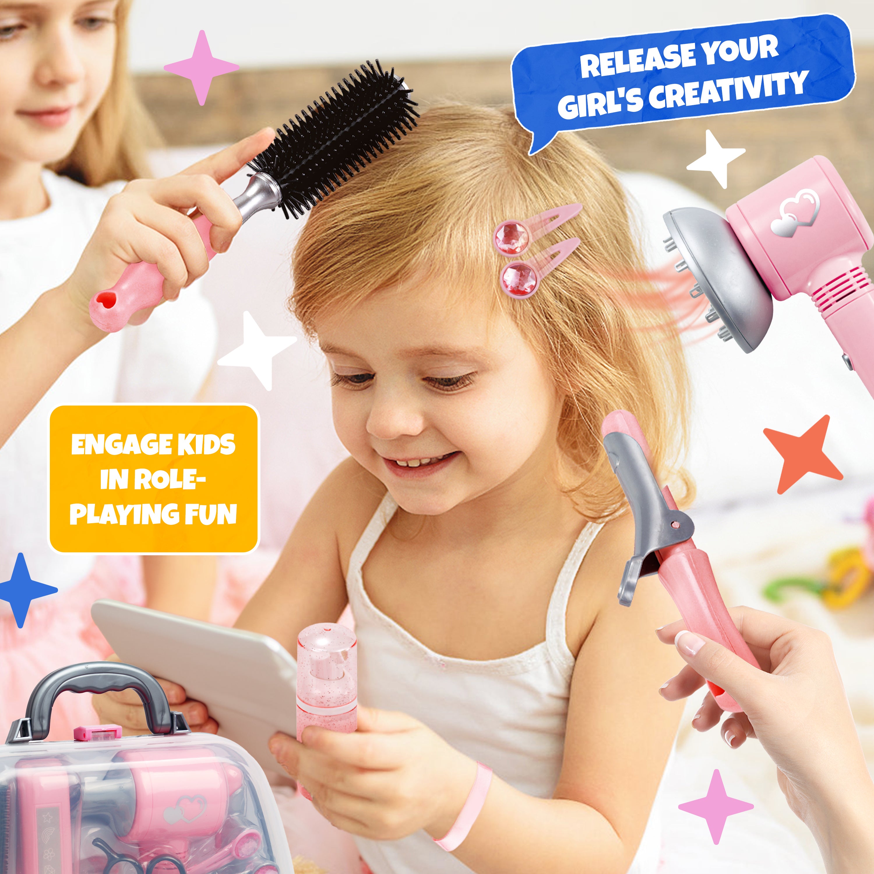 Hair Salon Toy Playset, with Hair Dryer, Scissors, Combs & Gift Box
