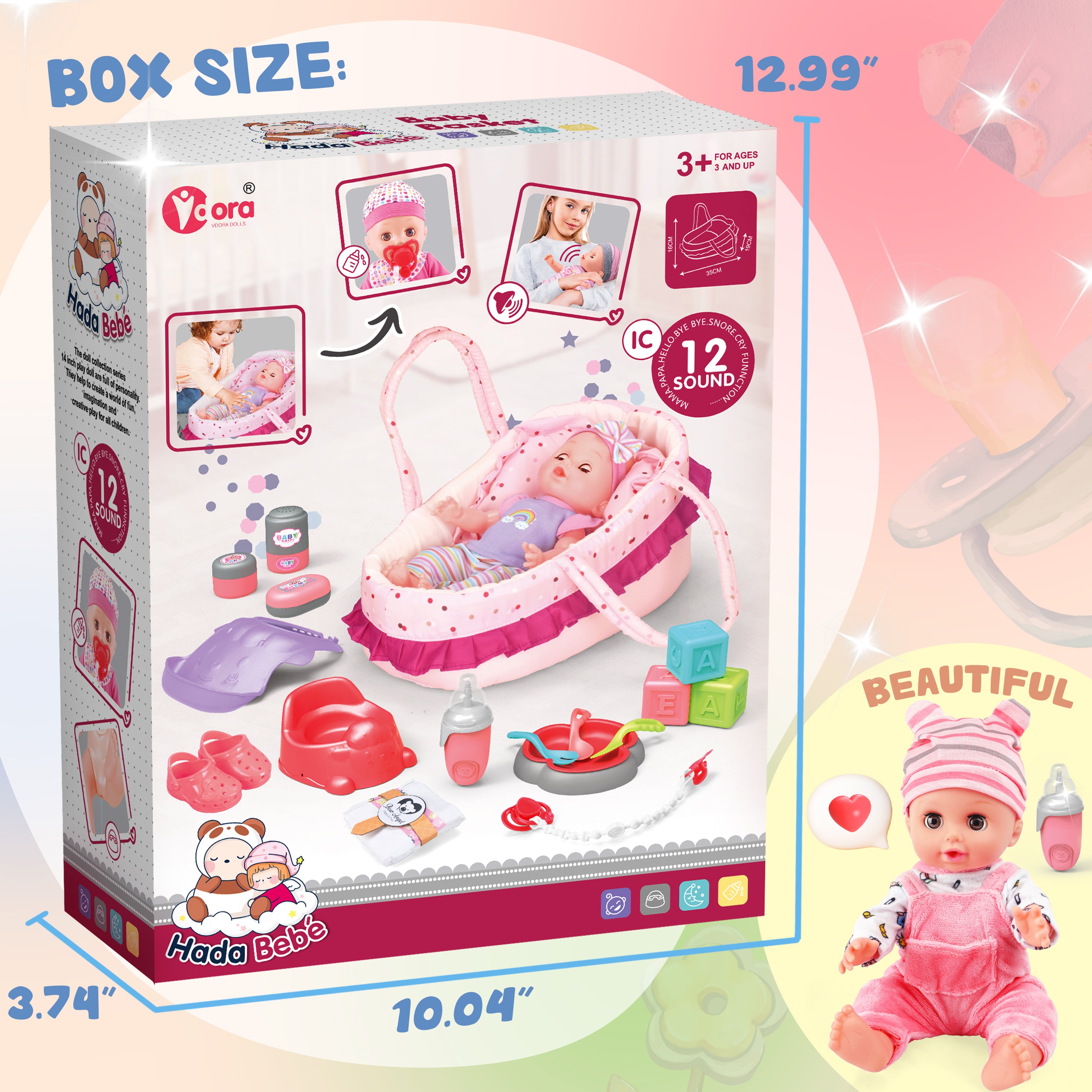 14-Inch Baby Soft Doll with Carrier Bassinet, Feeding Set & Outfits