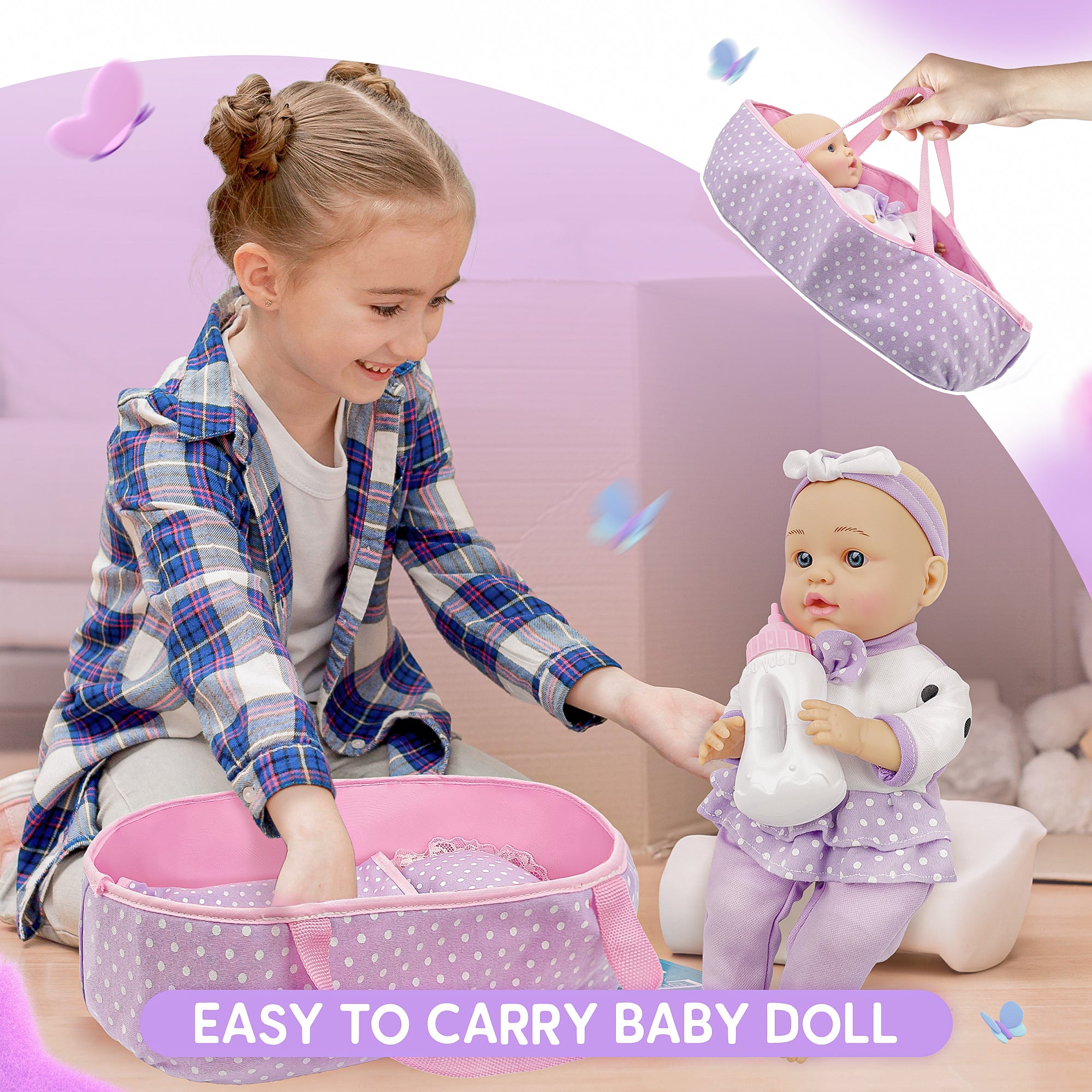 12-Inch Baby Doll - Washable Bassinet, Bottle, Blanket & Pillow