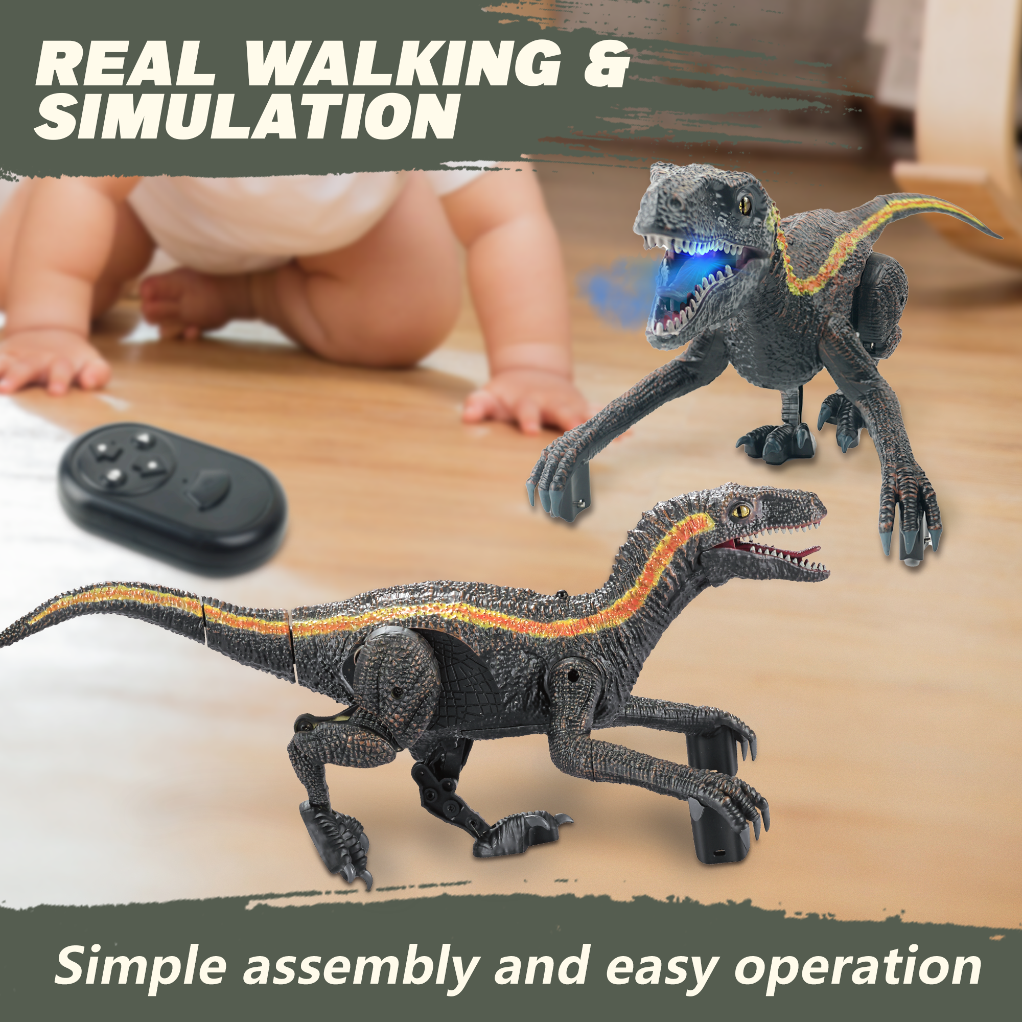 RC Dinosaur Toy - Velociraptor with 3D Eyes, Shaking Head, Light & Sounds