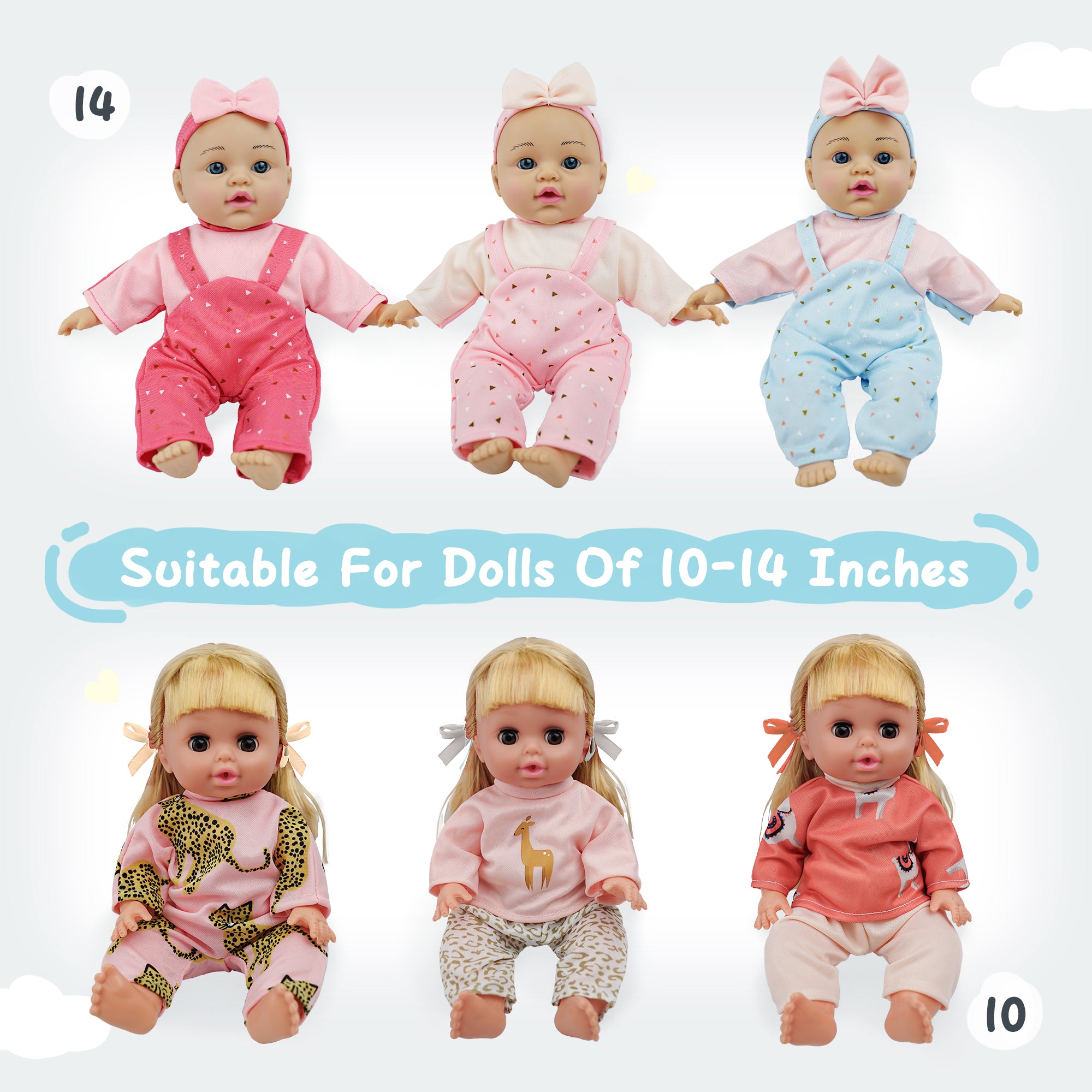 10 to 14 Inch Baby Dolls Clothes, 6-Pack Baby Doll Clothes & Headbands