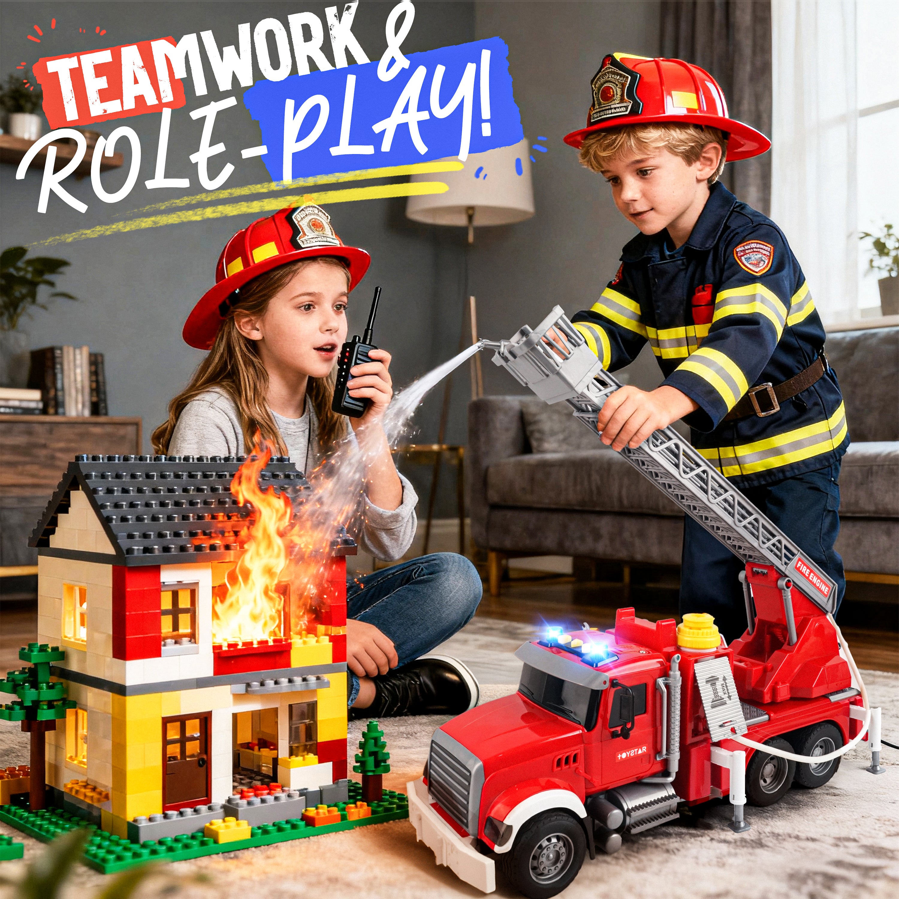 1:12 Large Inertial Power Fire Rescue Truck Toy with Lights & Sounds