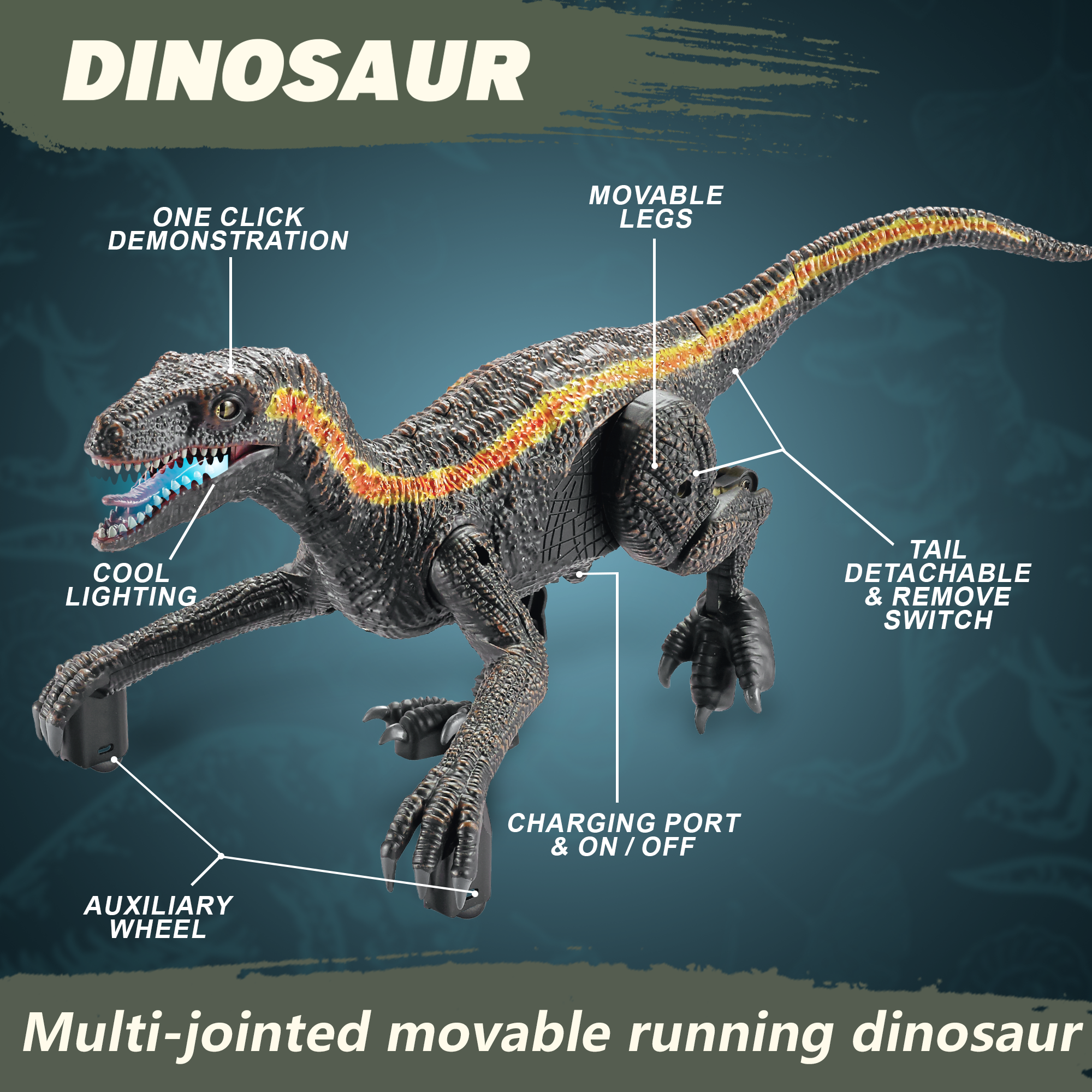 RC Dinosaur Toy - Velociraptor with 3D Eyes, Shaking Head, Light & Sounds