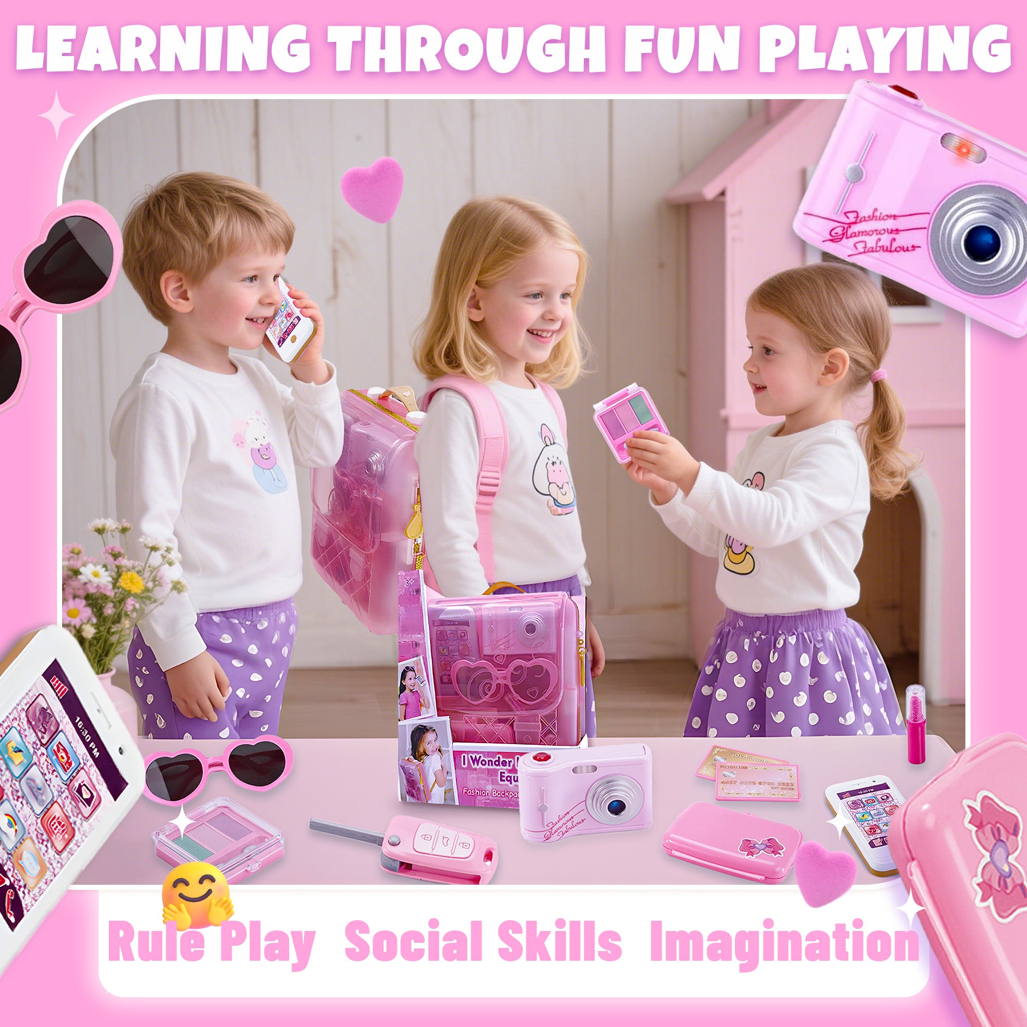 Pretend Play Set - Backpack with Makeup Kit, Play Phone & Camera
