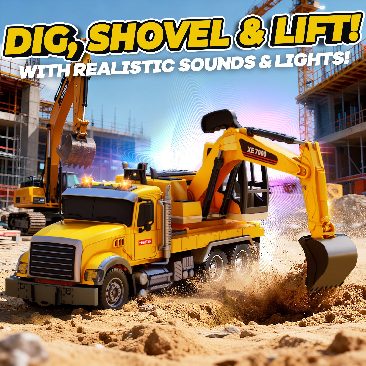 1:12 Large Friction Powered Excavator Truck Toy with Lights & Sounds