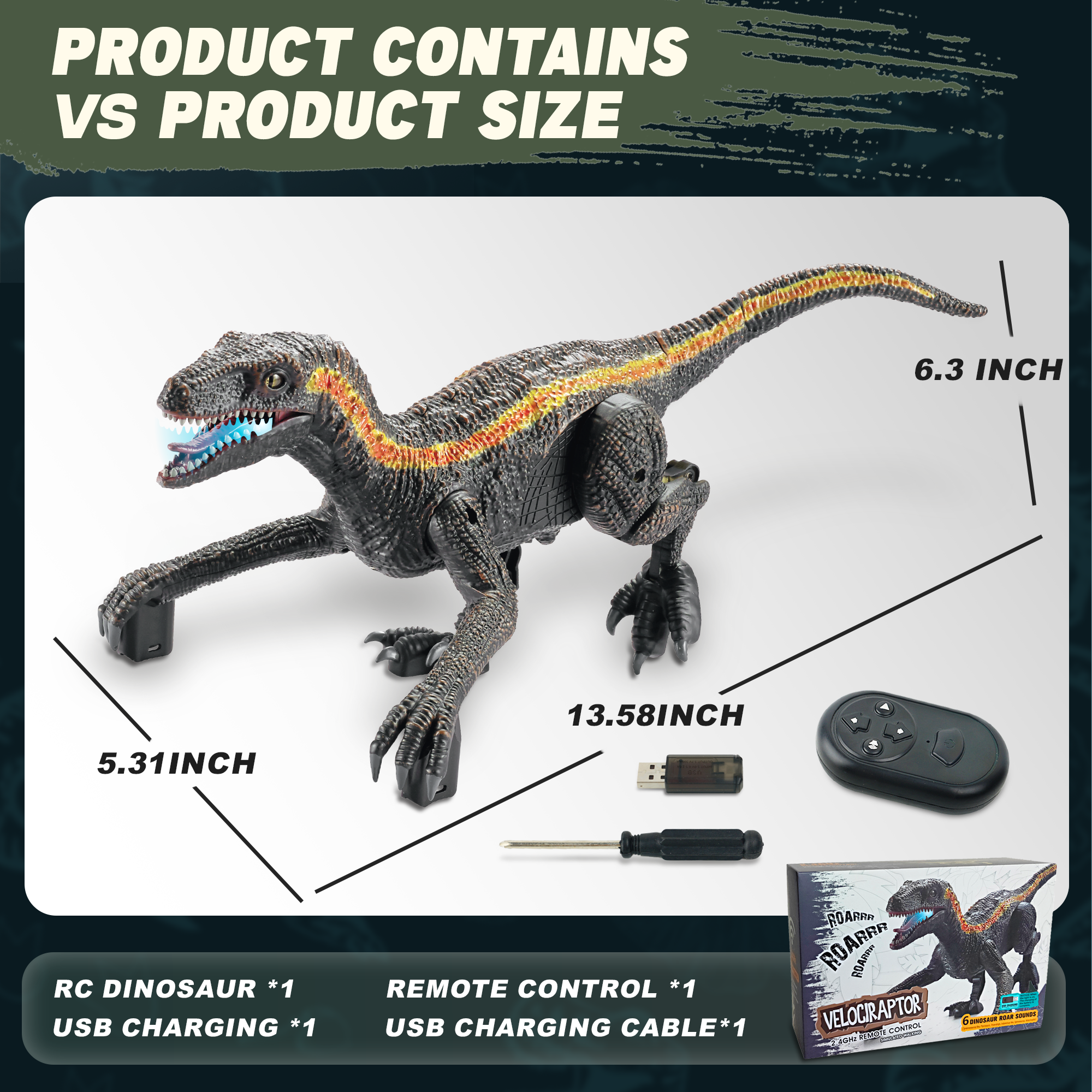RC Dinosaur Toy - Velociraptor with 3D Eyes, Shaking Head, Light & Sounds