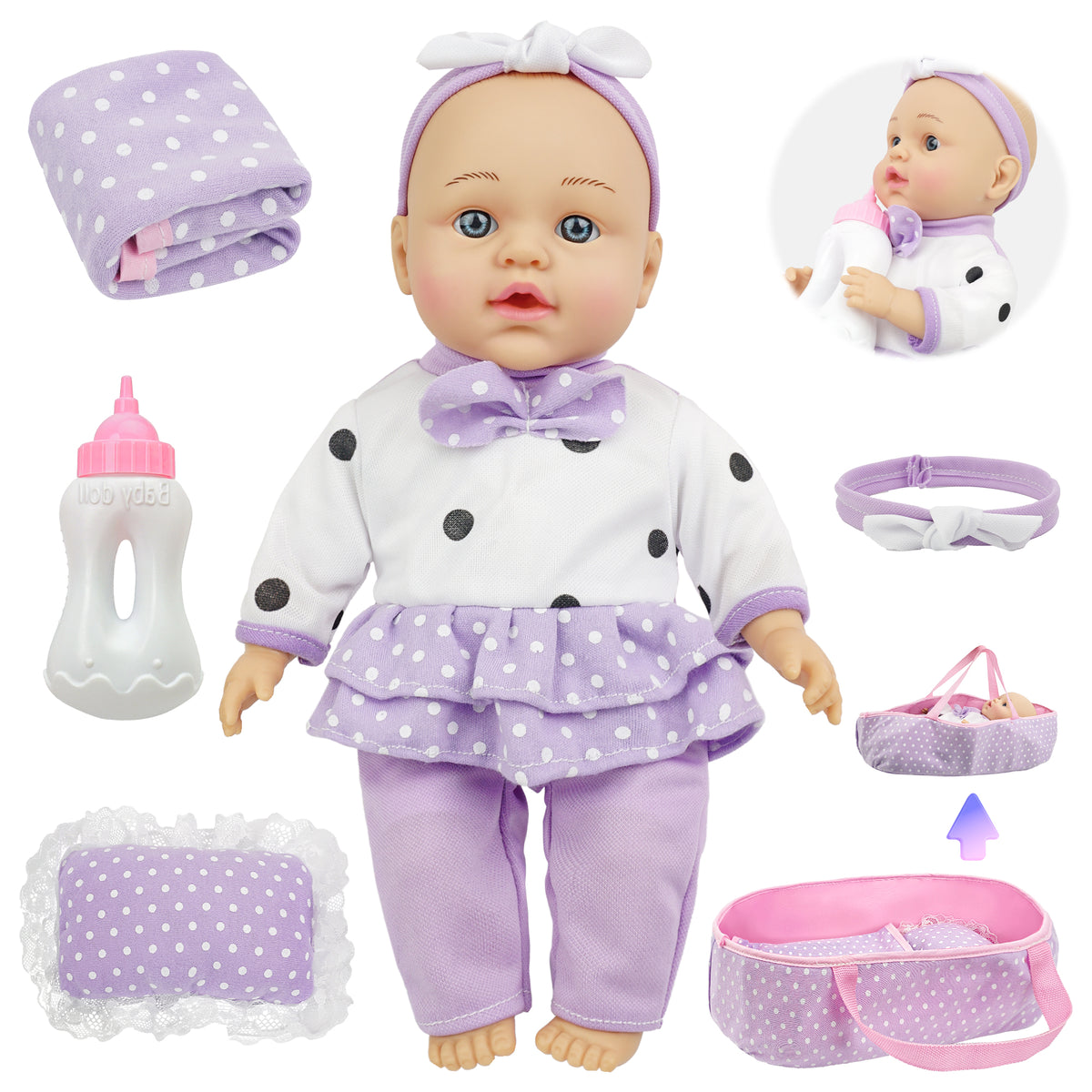 12-Inch Baby Doll - Washable Bassinet, Bottle, Blanket & Pillow