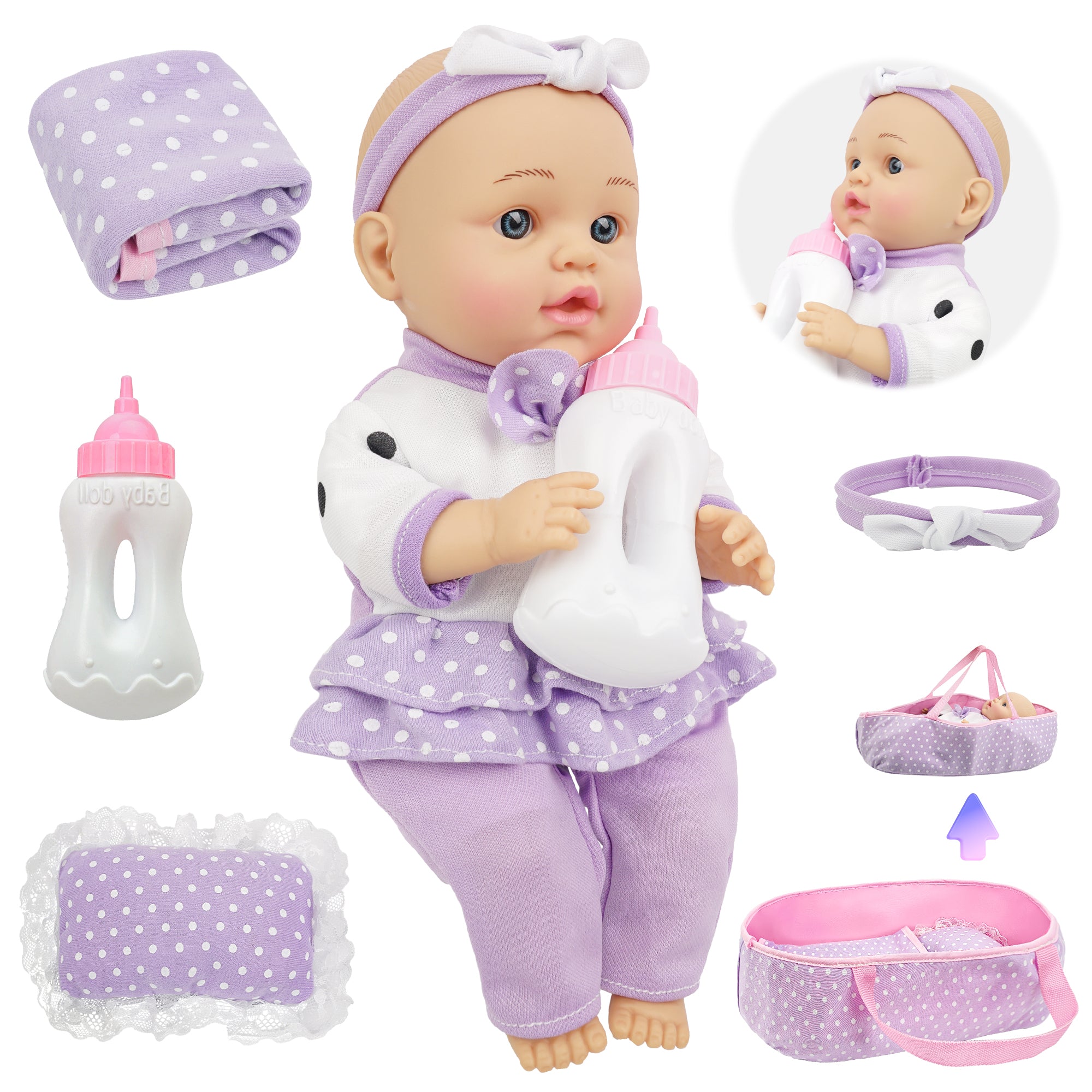 12-Inch Baby Doll - Washable Bassinet, Bottle, Blanket & Pillow