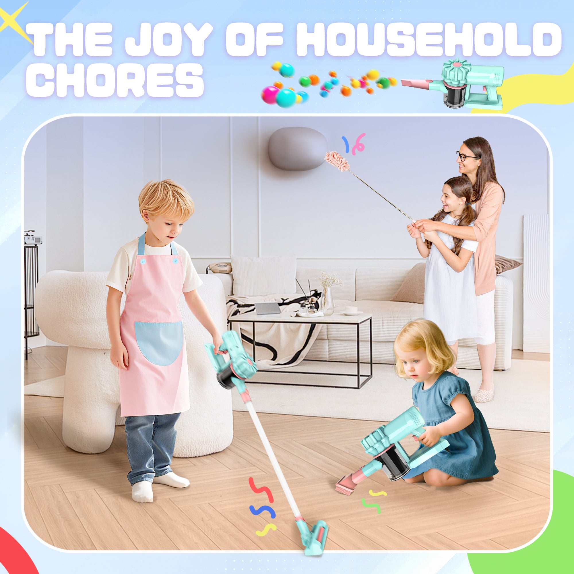 Kids Toy Vacuum with Real Suction, Includes 5-Piece Cleaning Set