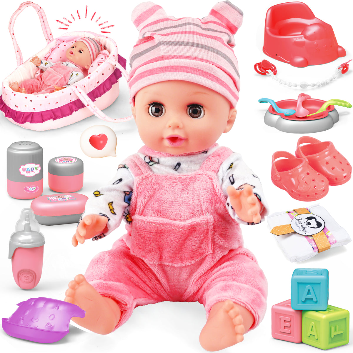 14-Inch Baby Soft Doll with Carrier Bassinet, Feeding Set & Outfits